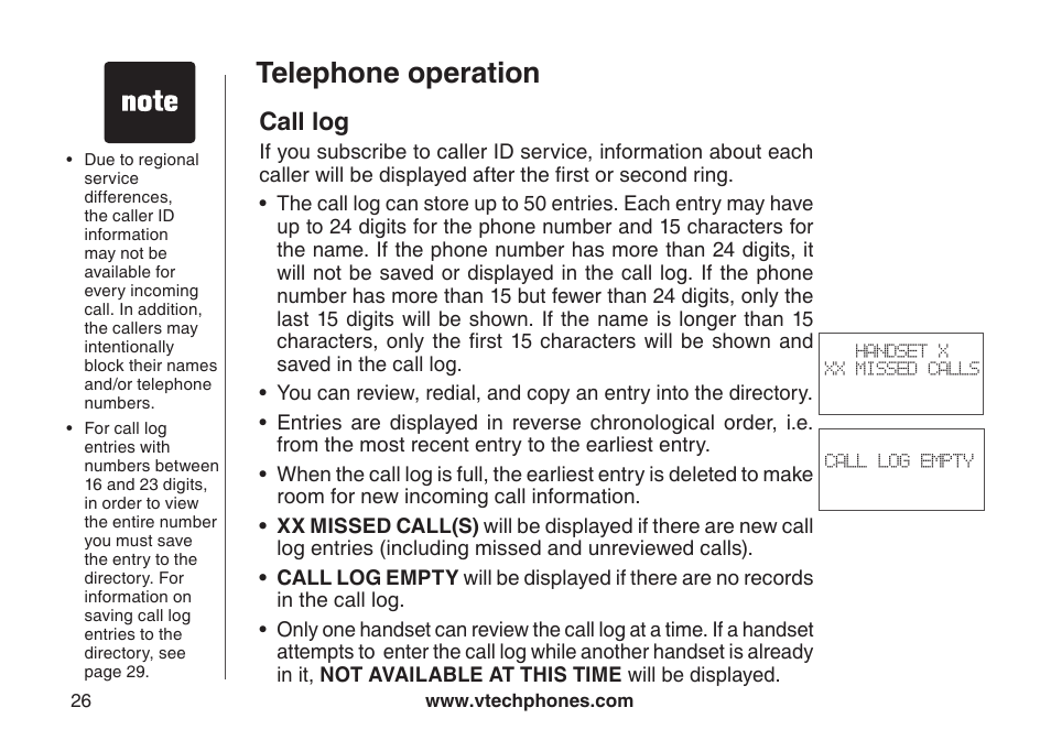 About caller id, Telephone operation, Call log | VTech LS6115-3 User Manual | Page 30 / 59