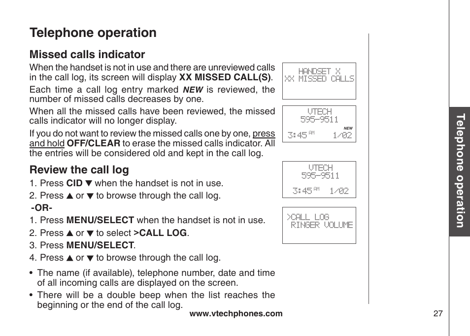 Call log, Telephone operation, Te le ph on e o pe ra tio n | Missed calls indicator, Review the call log | VTech LS6115-3 User Manual | Page 31 / 59
