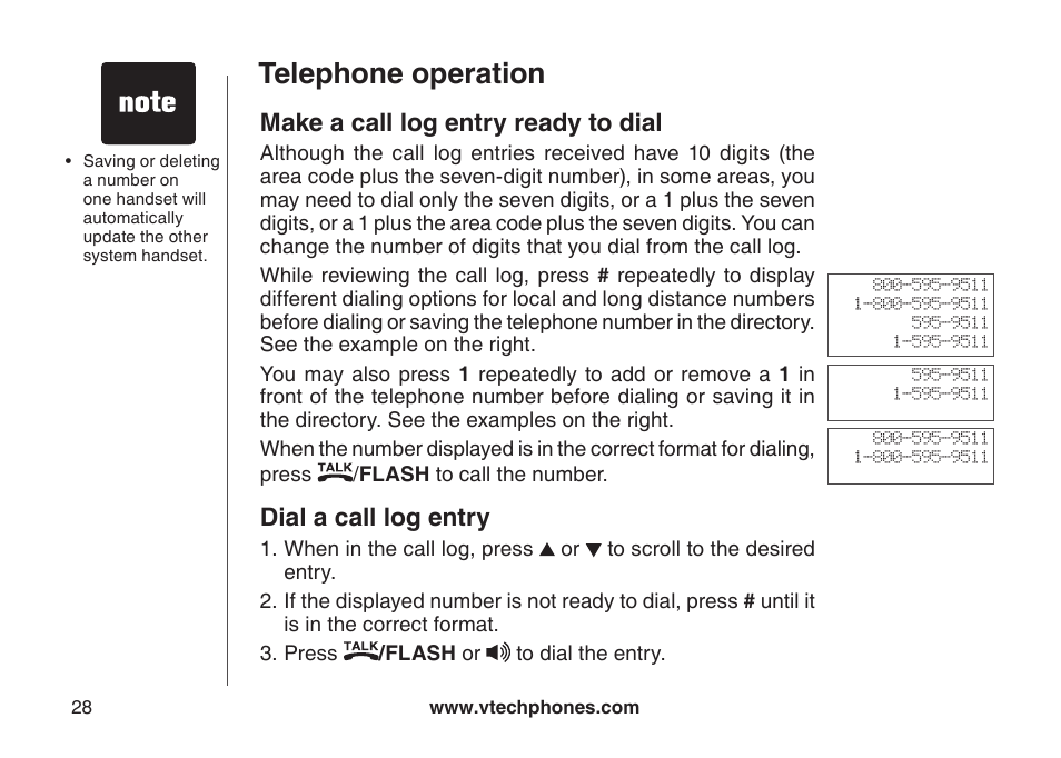 Review the call log, Telephone operation, Make a call log entry ready to dial | Dial a call log entry | VTech LS6115-3 User Manual | Page 32 / 59