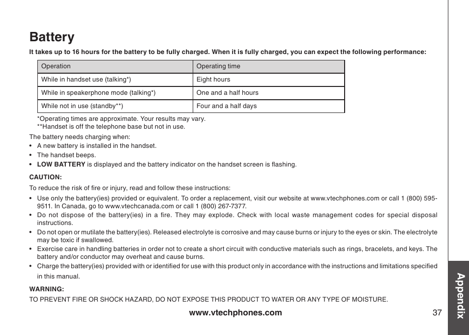 Battery, Appendix | VTech LS6115-3 User Manual | Page 41 / 59