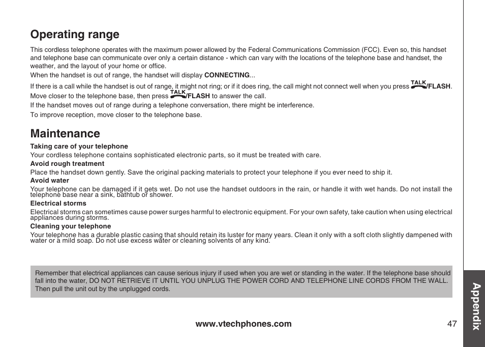 Operating range, Maintenance, Appendix | VTech LS6115-3 User Manual | Page 51 / 59
