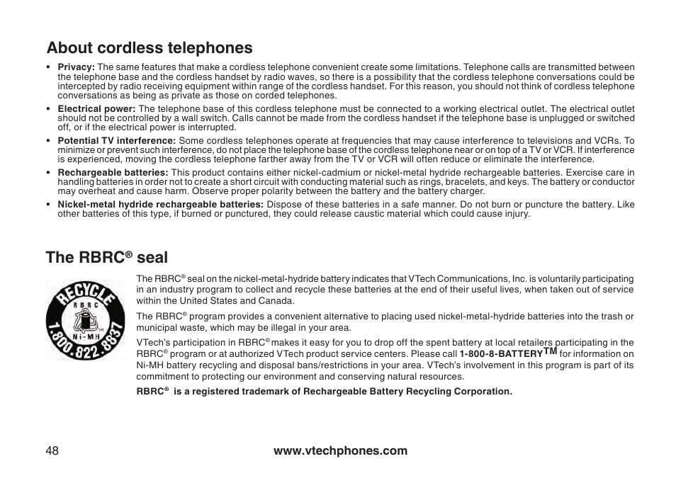 Operating range maintenance, About cordless telephones, The rbrc | Seal | VTech LS6115-3 User Manual | Page 52 / 59
