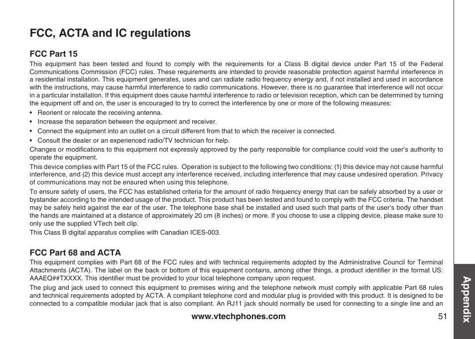 Fcc, acta and ic regulations, Appendix | VTech LS6115-3 User Manual | Page 55 / 59