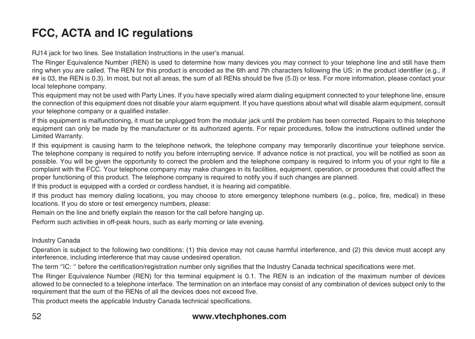 Fcc, acta and ic regulations | VTech LS6115-3 User Manual | Page 56 / 59