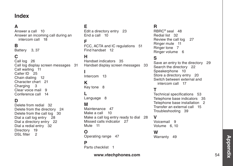 Index, Appendix | VTech LS6115-3 User Manual | Page 58 / 59