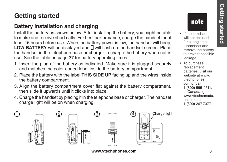 Battery installation and charging, Getting started, Gett in g s ta rte d | VTech LS6115-3 User Manual | Page 7 / 59