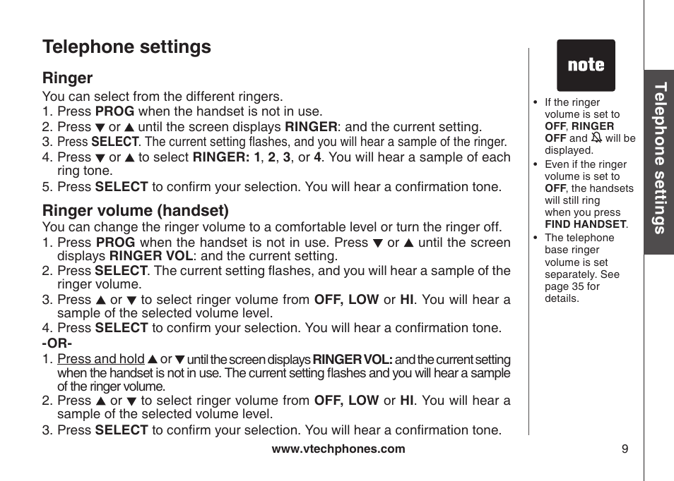 Ringer, Ringer volume, Rnger | Rnger volume (handset), Telephone settings, Te le ph on e s ett in gs, Ringer volume (handset) | VTech CS5121-3 User Manual | Page 12 / 70