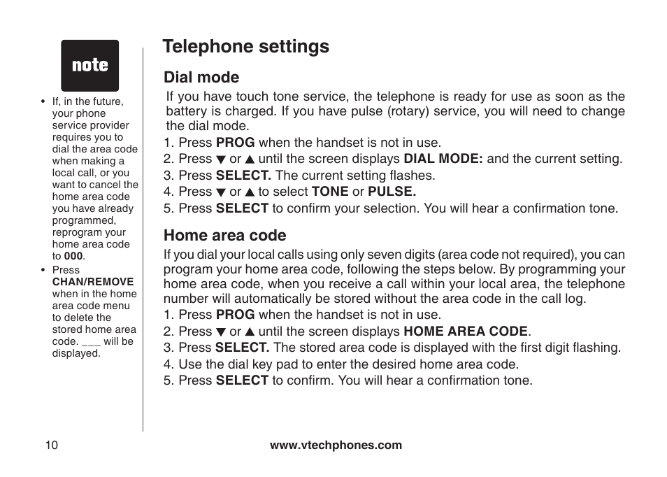 Dial mode, Language, Dal mode | Telephone settings, Home area code | VTech CS5121-3 User Manual | Page 13 / 70