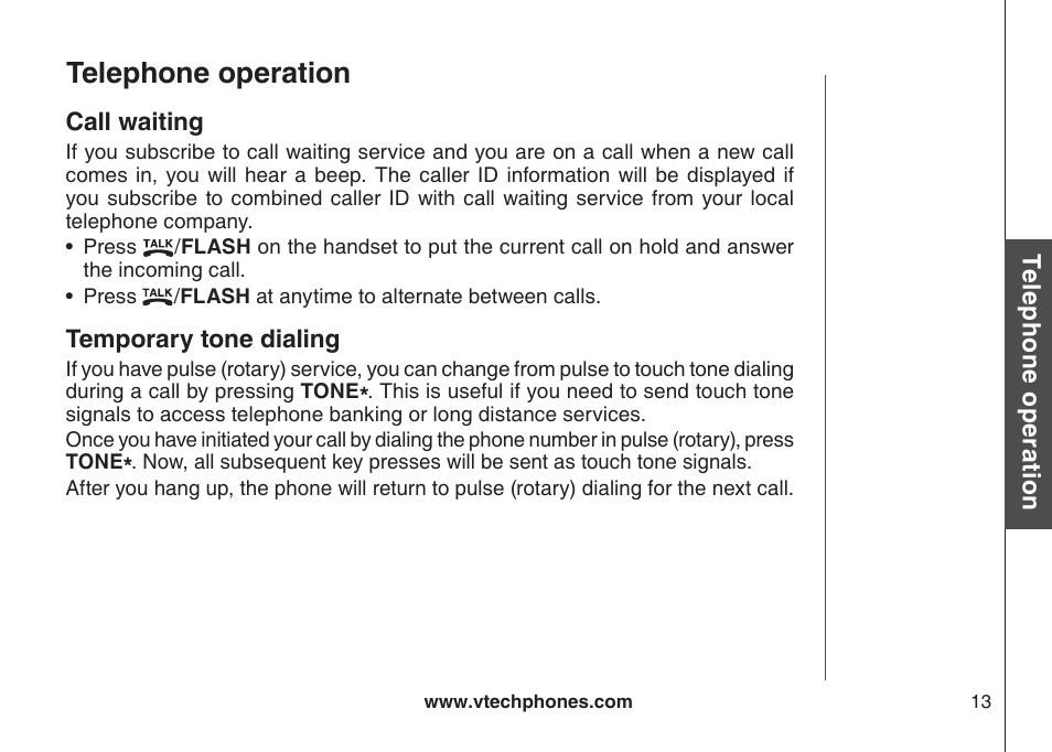 Call waiting, Temporary tone dialing, Redial/pause | Call watng, Temporary tone dalng, Redal, Telephone operation | VTech CS5121-3 User Manual | Page 16 / 70