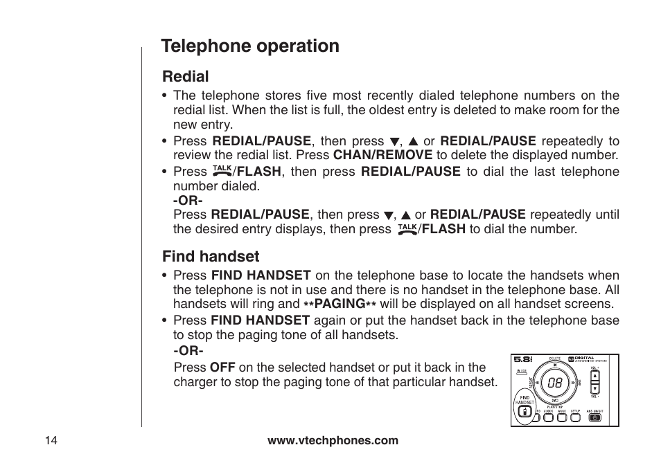 Find handset, Fnd handset, Telephone operation | Redial | VTech CS5121-3 User Manual | Page 17 / 70