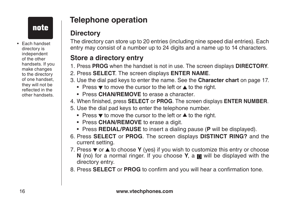 Directory, Store a directory entry, Drectory | Store a drectory entry, Telephone operation | VTech CS5121-3 User Manual | Page 19 / 70