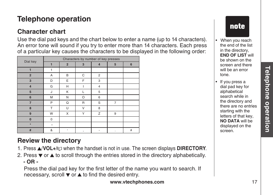 Character chart, Telephone operation, Te le ph on e o pe ra tio n | Review the directory, Bas ic o pe ra tio n | VTech CS5121-3 User Manual | Page 20 / 70