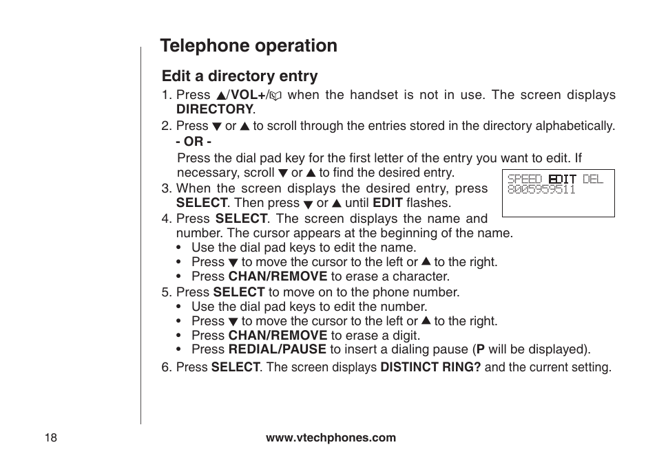 Edit a directory entry, Edt a drectory entry, Telephone operation | VTech CS5121-3 User Manual | Page 21 / 70