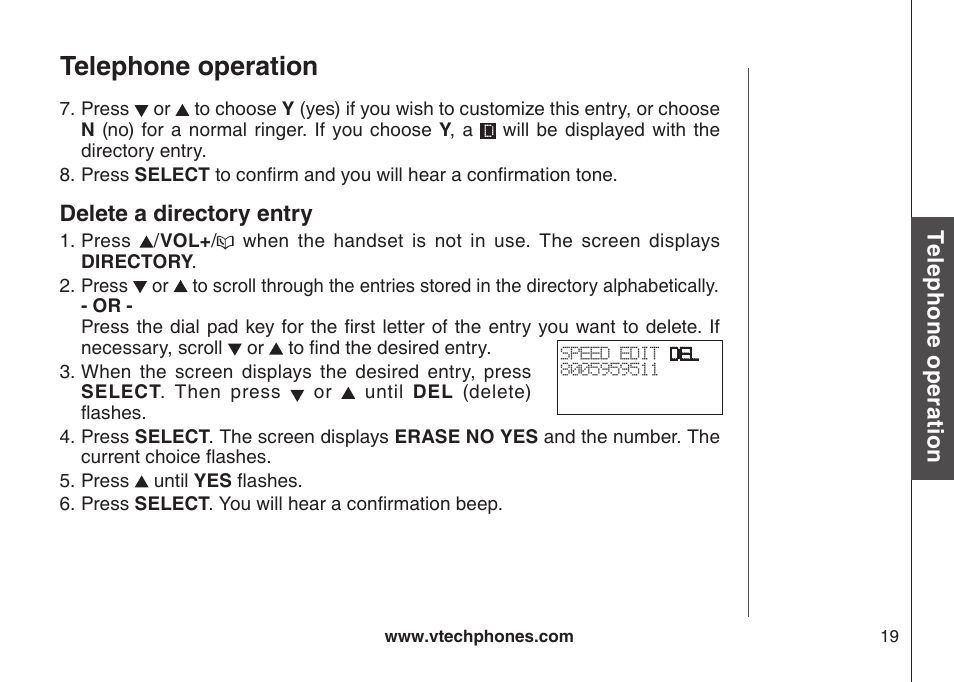 Delete a directory entry, Delete a drectory entry, Telephone operation | VTech CS5121-3 User Manual | Page 22 / 70