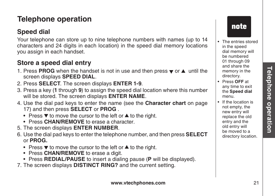 Speed dial, Store a speed dial entry, Speed dal | Store a speed dal entry, Telephone operation, Te le ph on e o pe ra tio n | VTech CS5121-3 User Manual | Page 24 / 70