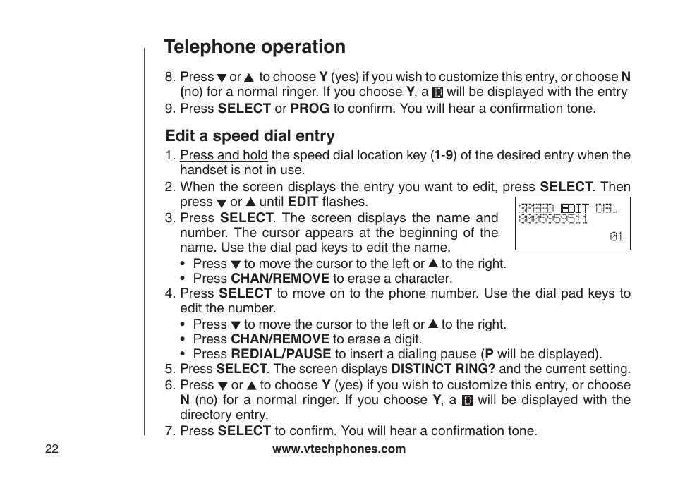 Edit a speed dial entry, Edt a speed dal entry, Telephone operation | VTech CS5121-3 User Manual | Page 25 / 70