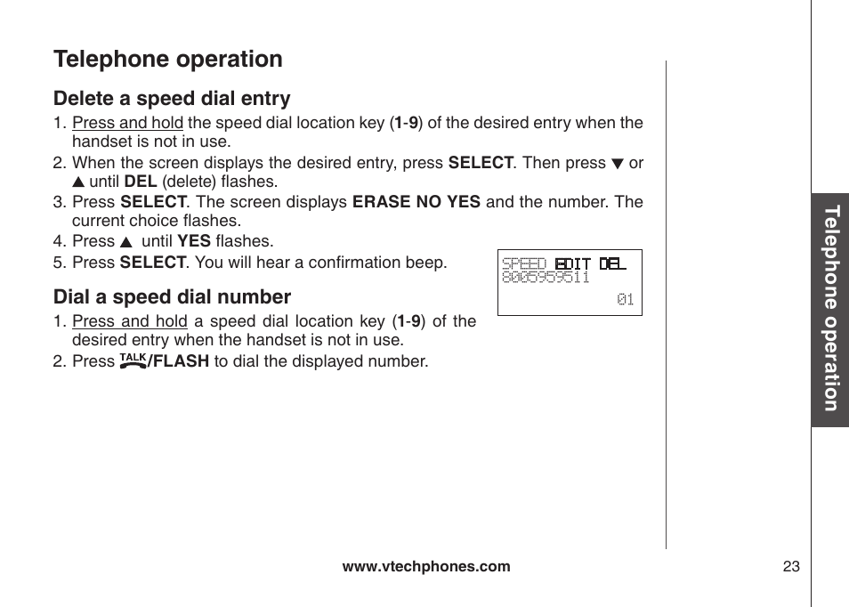 Delete a speed dial entry, Dial a speed dial number, Delete a speed dal entry | Dal a speed dal number, Telephone operation | VTech CS5121-3 User Manual | Page 26 / 70