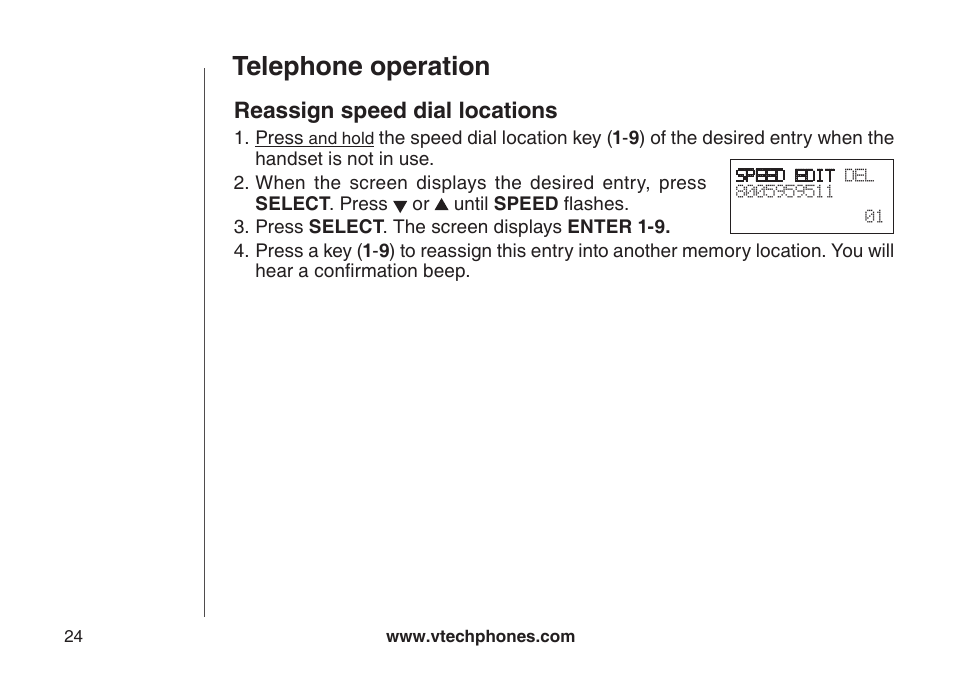 Reassign locations in speed dial, Reassign locations in the speed dial, Reassgn speed dal locatons | Telephone operation, Reassign speed dial locations | VTech CS5121-3 User Manual | Page 27 / 70