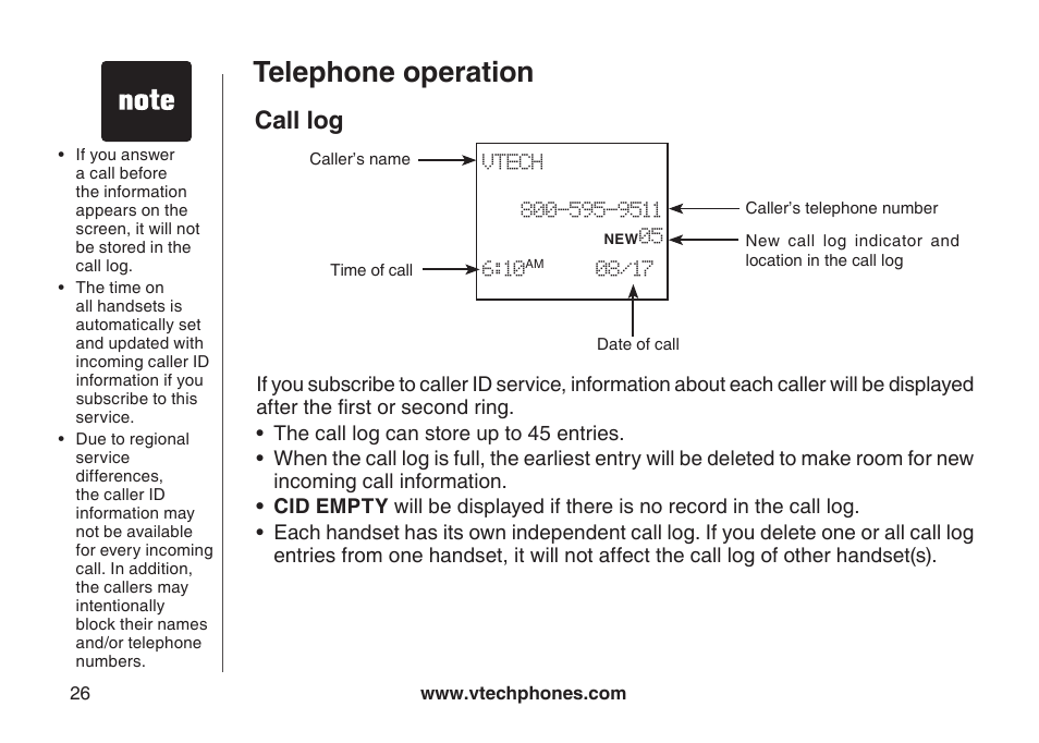 Call log, Telephone operation | VTech CS5121-3 User Manual | Page 29 / 70