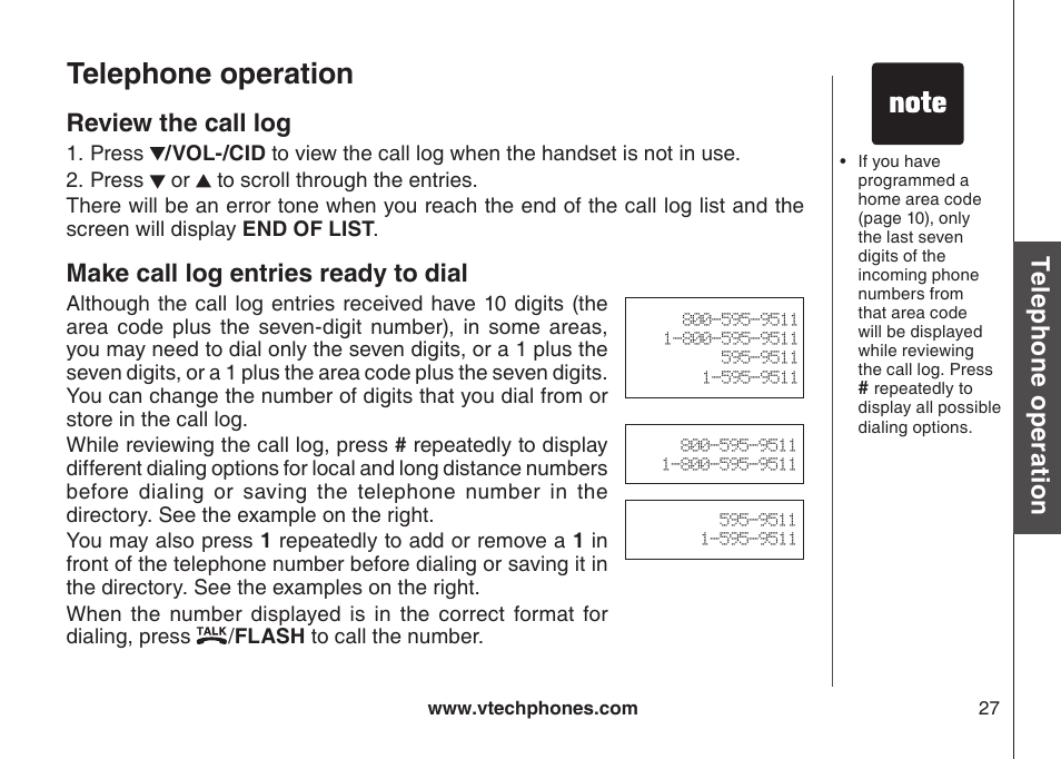 Review call log, Make call log entries ready to dial, Revew the call log | Make call log entres ready to dal, Telephone operation, Te le ph on e o pe ra tio n, Review the call log | VTech CS5121-3 User Manual | Page 30 / 70