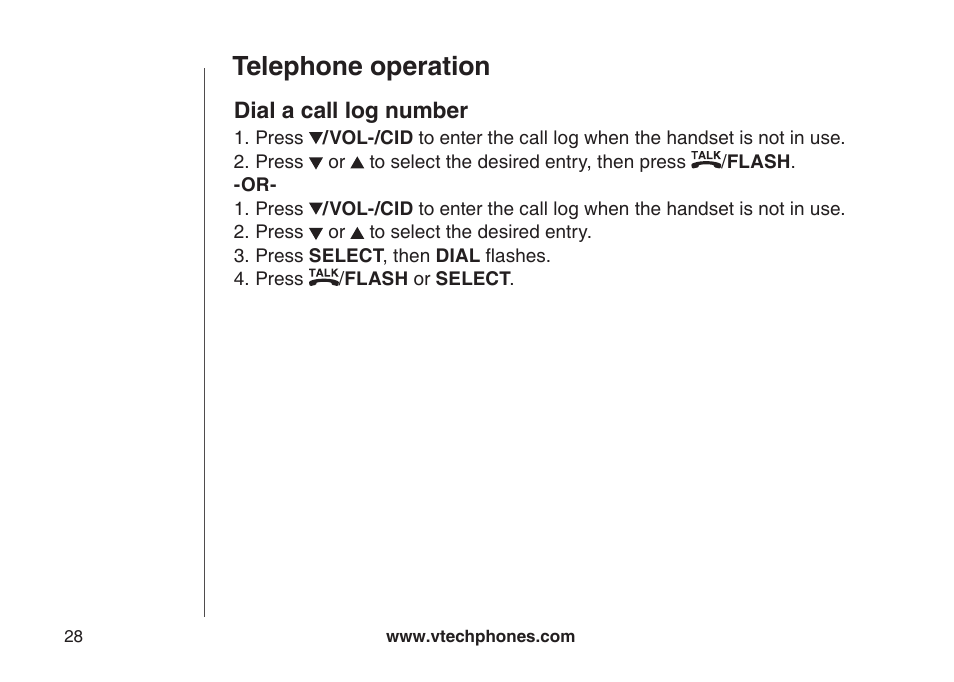 Dial a call log number, Dal a call log number, Telephone operation | VTech CS5121-3 User Manual | Page 31 / 70