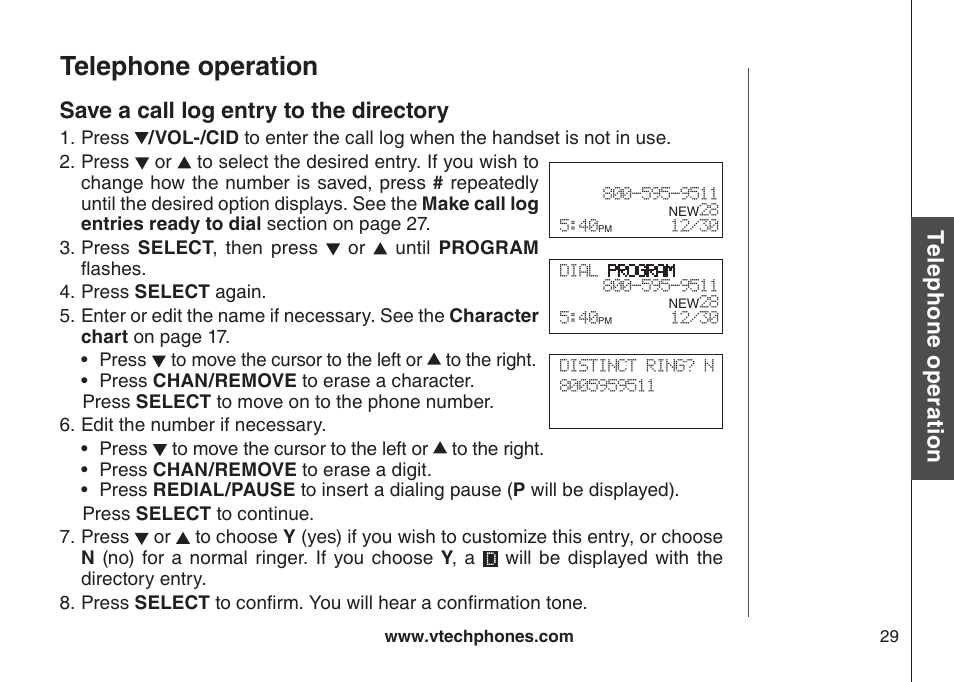 Save a call log entry to the directory, Save a call log entry to the drectory, Telephone operation | Te le ph on e o pe ra tio n | VTech CS5121-3 User Manual | Page 32 / 70