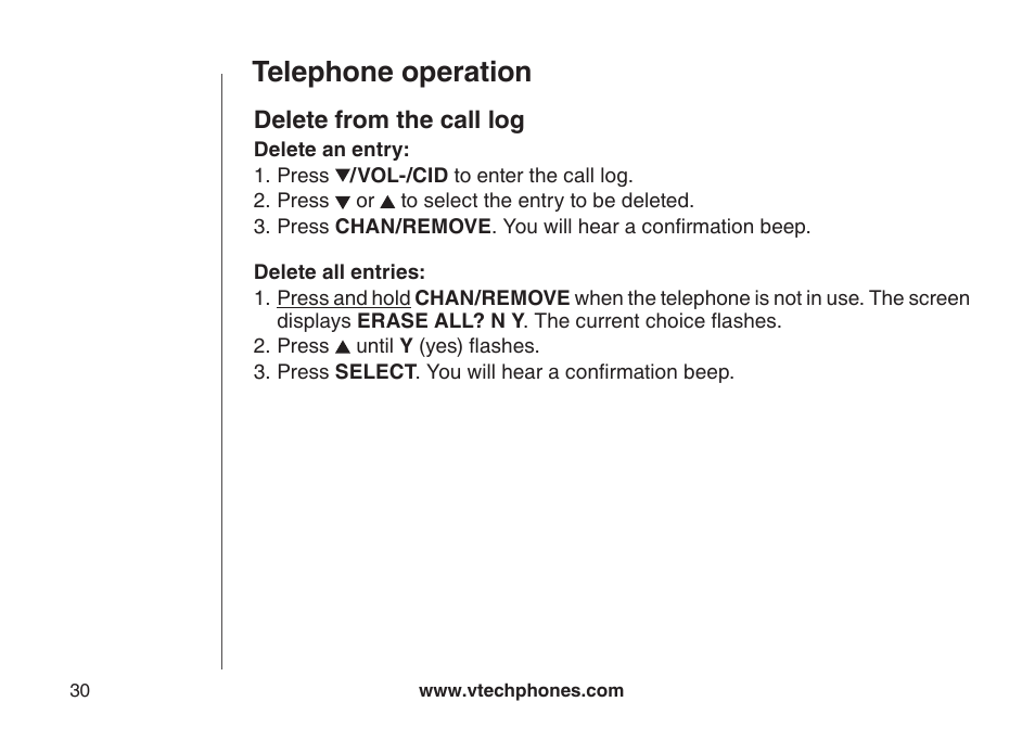 Delete from call log, Delete from the call log, Telephone operation | VTech CS5121-3 User Manual | Page 33 / 70