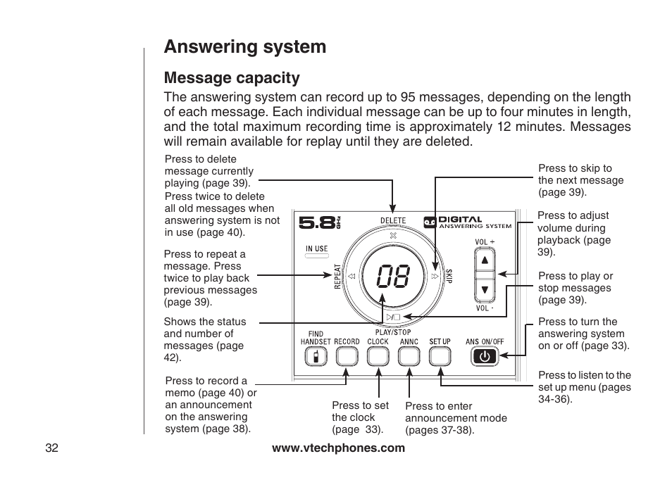 Message capacity, Message capacty, Answering system | VTech CS5121-3 User Manual | Page 35 / 70