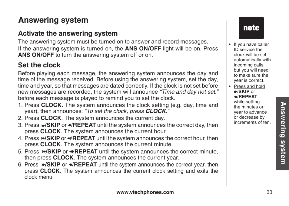 Activate the answering system, Setting the clock, Set the clock | Actvate the answerng system, Answering system, Ans w er in g s ys te m | VTech CS5121-3 User Manual | Page 36 / 70