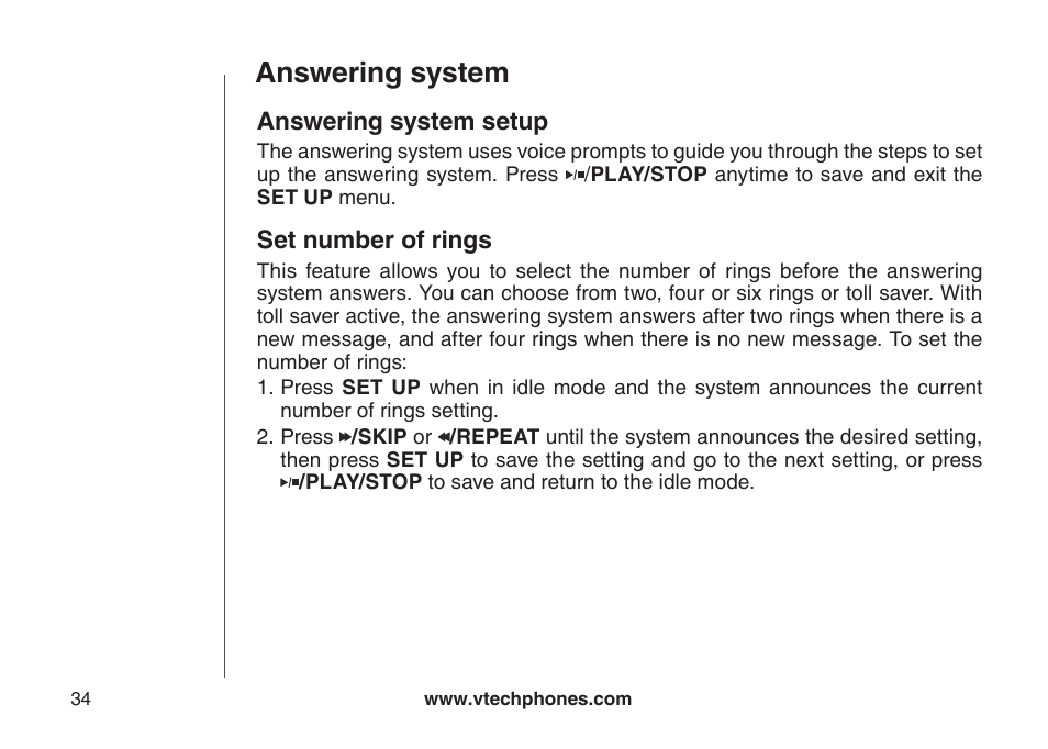 Answering system setup, Set number of rings, Answerng system setup | Set number of rngs, Answering system | VTech CS5121-3 User Manual | Page 37 / 70