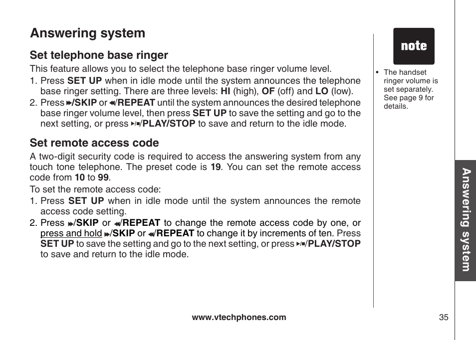 Set telephone base ringer, Set remote access code, Set telephone base rnger | Answering system | VTech CS5121-3 User Manual | Page 38 / 70