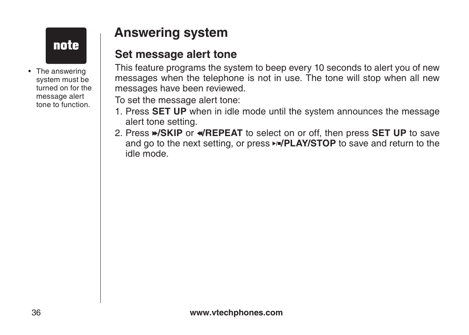 Set message alert tone, Answering system | VTech CS5121-3 User Manual | Page 39 / 70