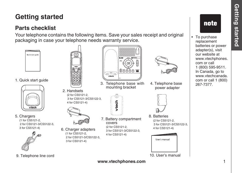 Parts checklist, Parts checklst, Getting started | Gett in g s ta rte d, Bas ic o pe ra tio n | VTech CS5121-3 User Manual | Page 4 / 70