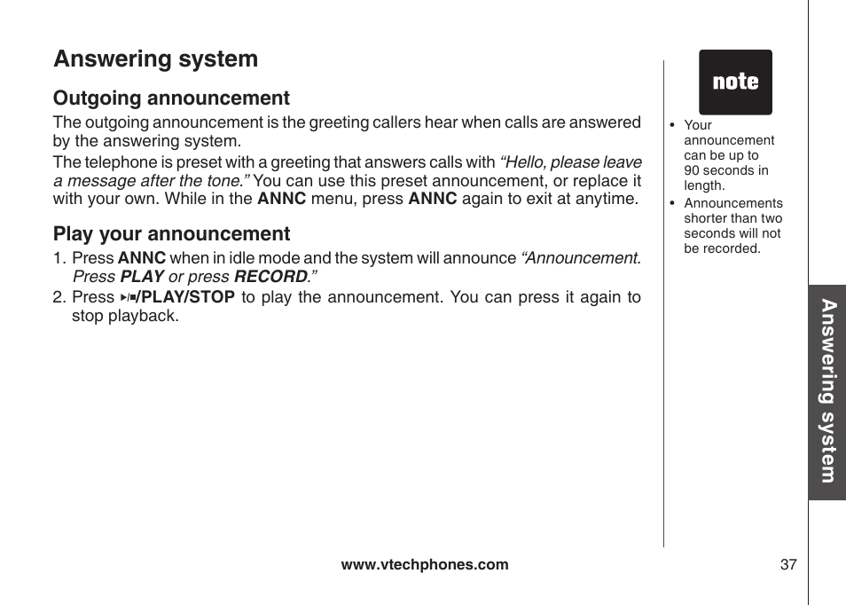 Outgoing announcement, Play your announcement, Outgong announcement | Answering system | VTech CS5121-3 User Manual | Page 40 / 70