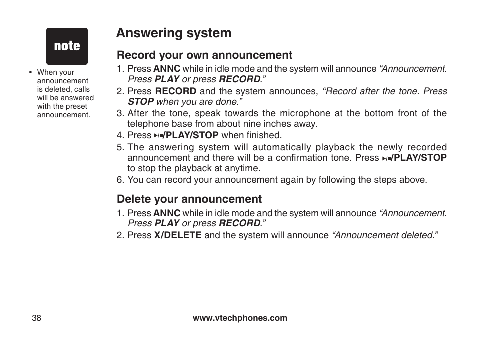 Record your own announcement, Delete your announcement, Answering system | VTech CS5121-3 User Manual | Page 41 / 70