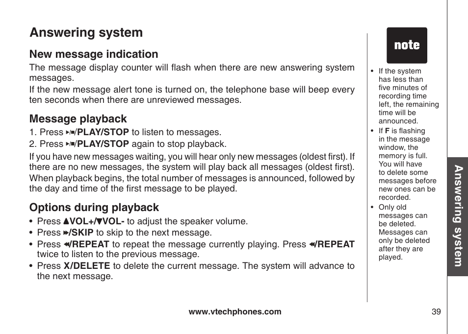 New message indication, Message playback, Options during playback | New message ndcaton, Optons durng playback, Answering system, Ans w er in g s ys te m new message indication | VTech CS5121-3 User Manual | Page 42 / 70