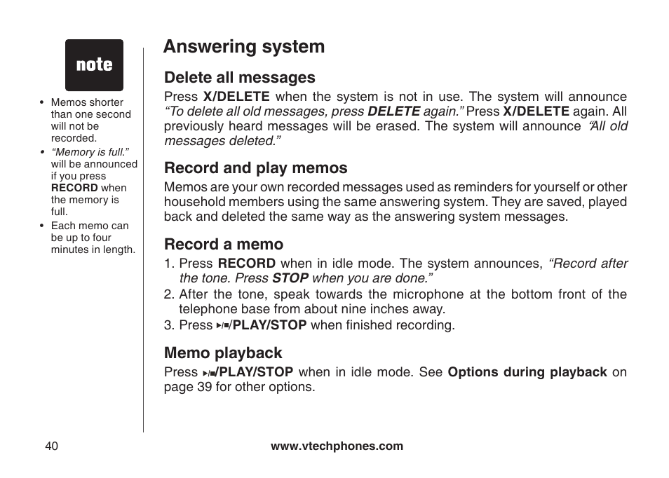 Delete all messages, Record and play memos, Record a memo | Memo playback, Answering system | VTech CS5121-3 User Manual | Page 43 / 70