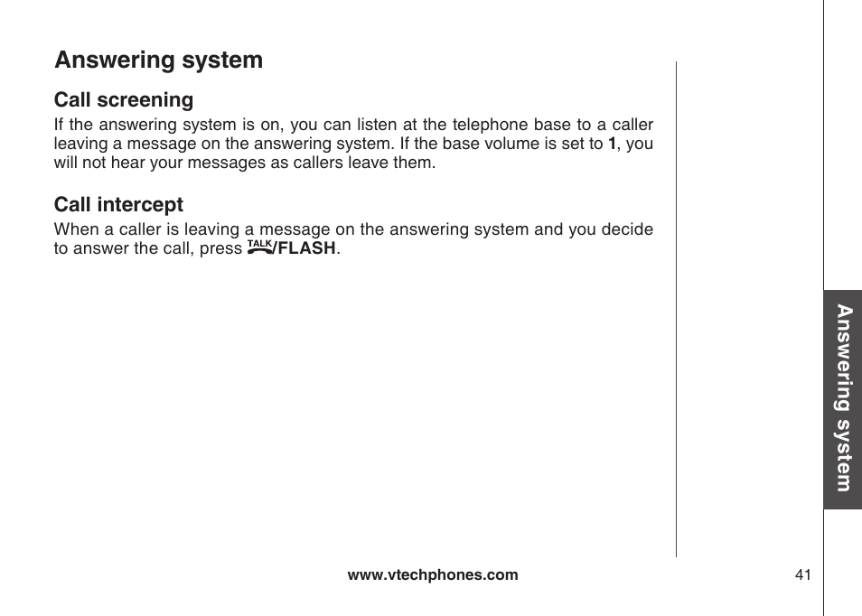 Call screening, Call intercept, Call screenng | Call ntercept, Answering system | VTech CS5121-3 User Manual | Page 44 / 70