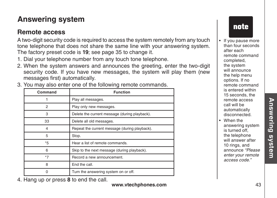 Remote access, Answering system, Ans w er in g s ys te m | Bas ic o pe ra tio n | VTech CS5121-3 User Manual | Page 46 / 70