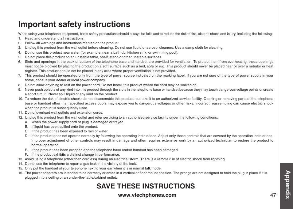 Important safety instructions, Important safety nstructons, Save these instructions | Appendix | VTech CS5121-3 User Manual | Page 50 / 70