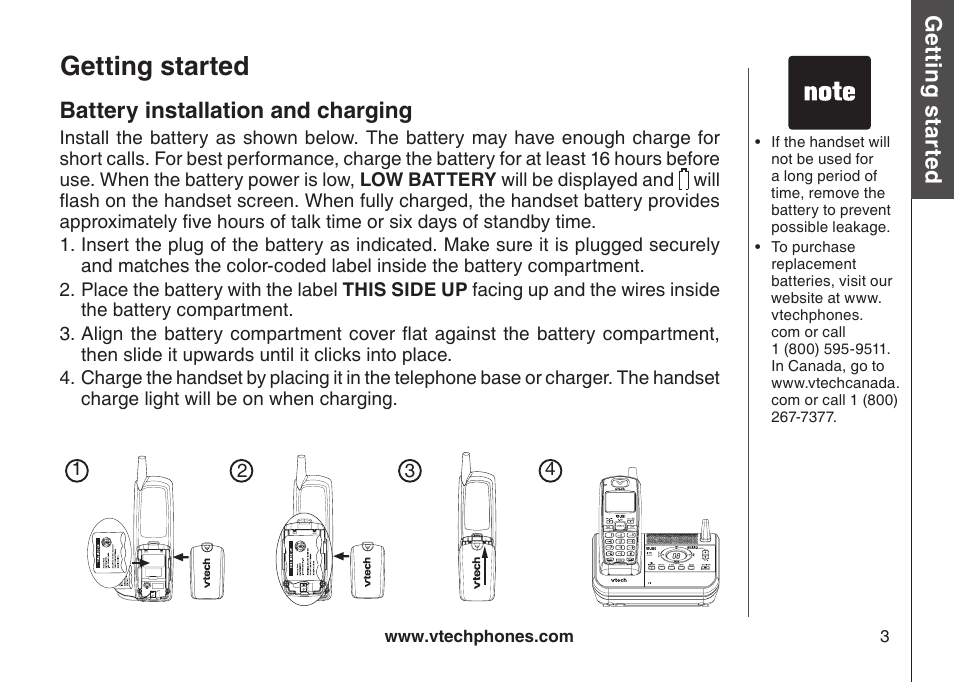 Battery installation and charging, Battery nstallaton and chargng, Getting started | Gett in g s ta rte d | VTech CS5121-3 User Manual | Page 6 / 70