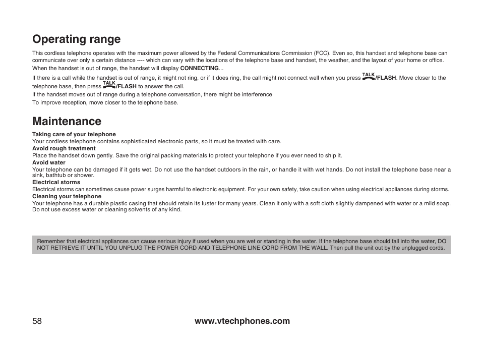 Operating range, Maintenance, Operatng range | Mantenance | VTech CS5121-3 User Manual | Page 61 / 70