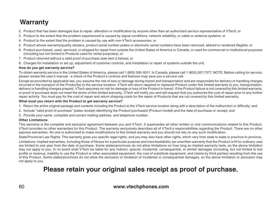 Warranty | VTech CS5121-3 User Manual | Page 63 / 70