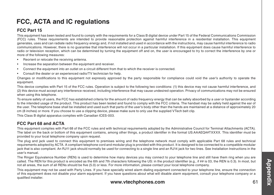 Fcc, acta and ic regulations, Fcc, acta and ic regulatons, Appendix | VTech CS5121-3 User Manual | Page 64 / 70