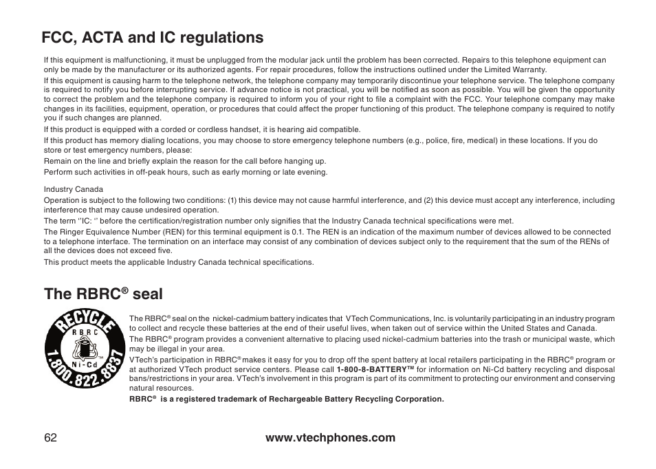 The rbrc® seal, The rbrc, Seal | Fcc, acta and ic regulations the rbrc | VTech CS5121-3 User Manual | Page 65 / 70