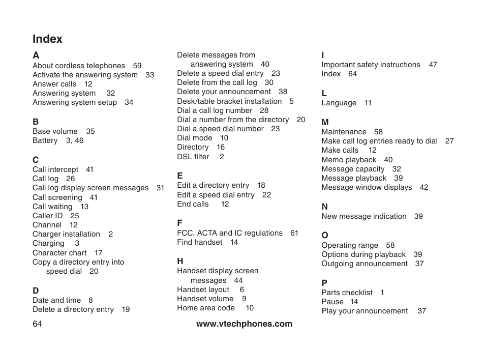 Index | VTech CS5121-3 User Manual | Page 67 / 70