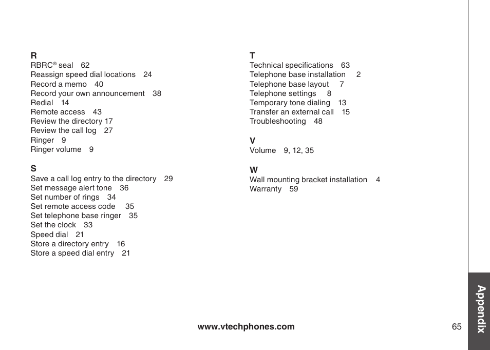 Appendix | VTech CS5121-3 User Manual | Page 68 / 70