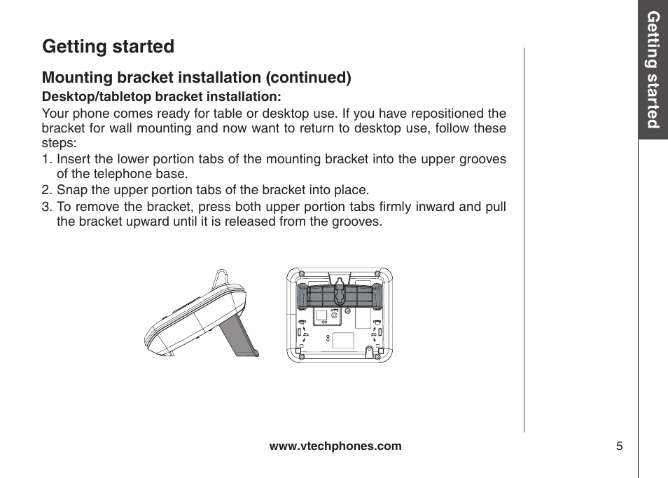 Desk/table bracket installation, Getting started | VTech CS5121-3 User Manual | Page 8 / 70