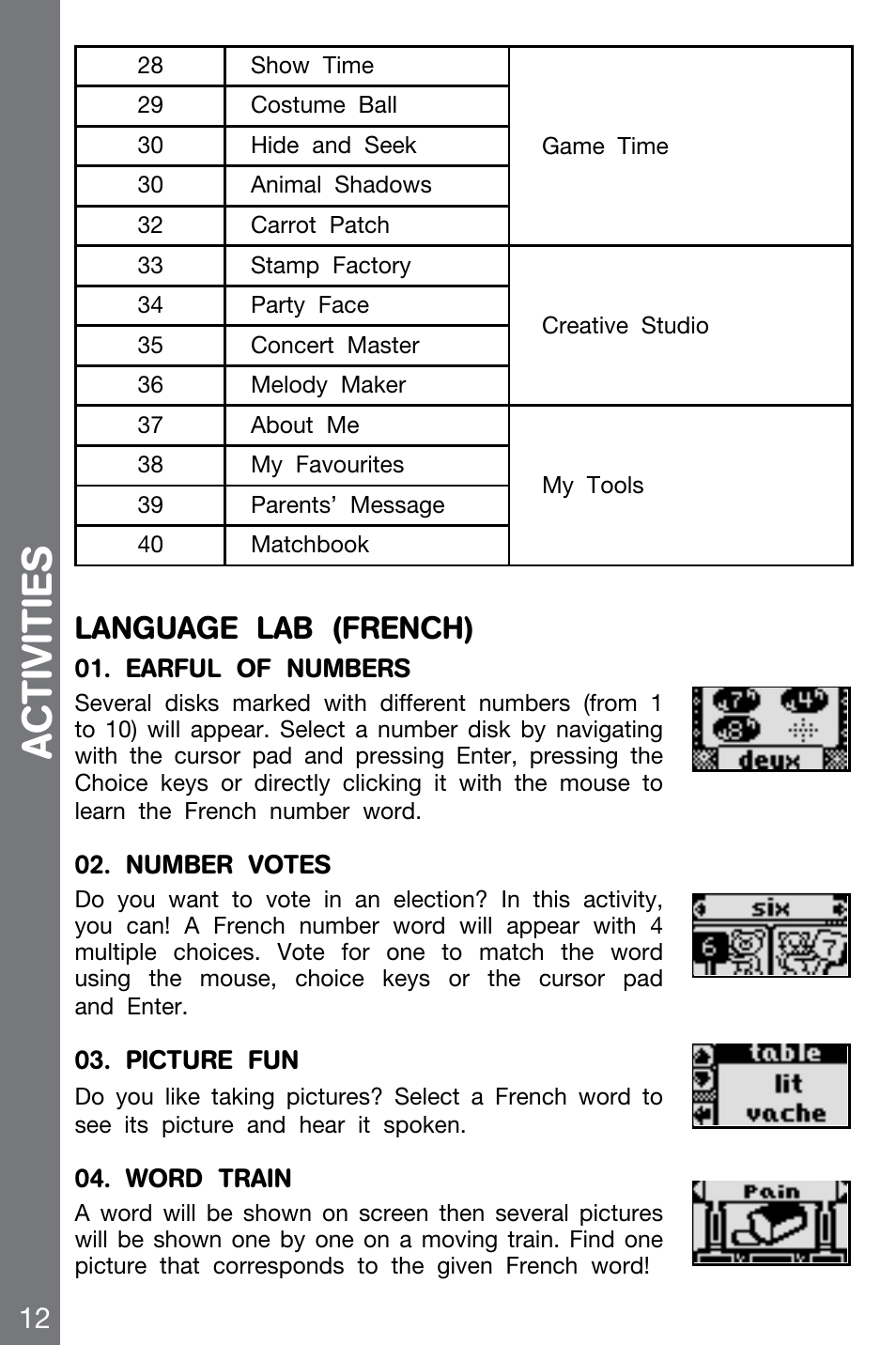 Acti vities, Language lab (french) | VTech CHALLENGER 91-002136-014-000 User Manual | Page 12 / 20