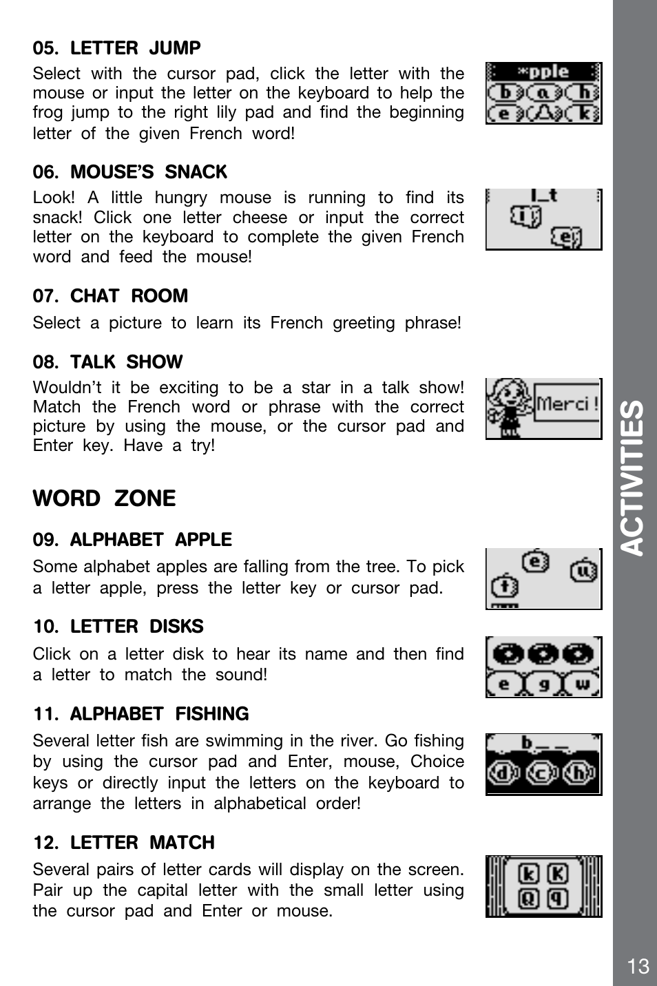 Acti vities, Word zone | VTech CHALLENGER 91-002136-014-000 User Manual | Page 13 / 20
